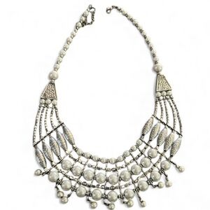Vintage Silver-Tone Faux Pearl Bib Statement Necklace